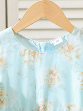 1pc Girls Summer Round Neck Flare Sleeve Ditsy Floral Ruched Waist Organza Long Dress